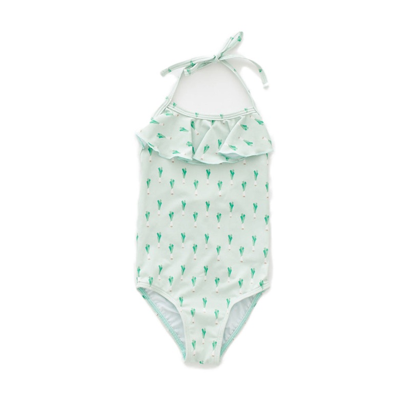 Oeuf Ruffle Halter Swimsuit Leek Print