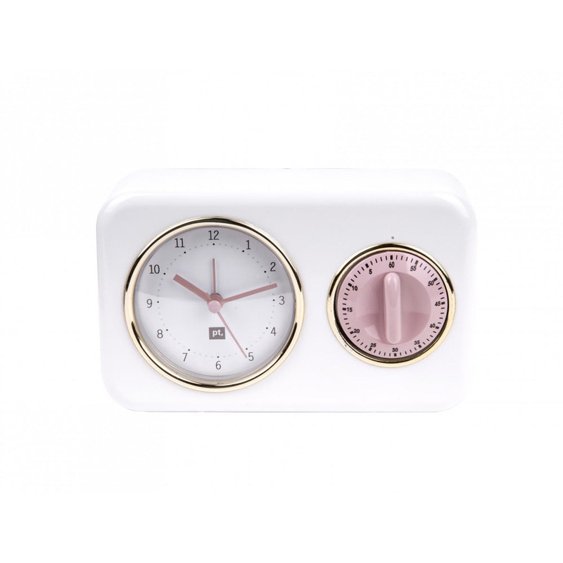 Present Time Clock with Kitchen Timer Nostalgia White with Dusty Pink Timer