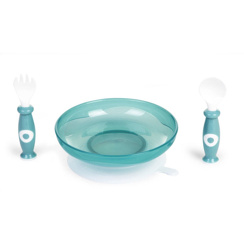 Childhome Suction Bowl Aqua + Fork & Spoon