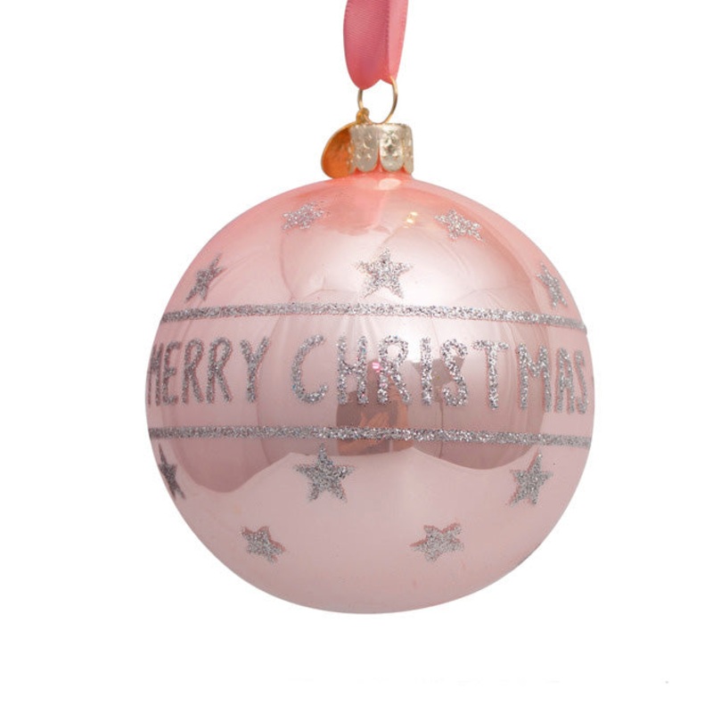 Ball Pink Opal with Text Merry Christmas with Bow