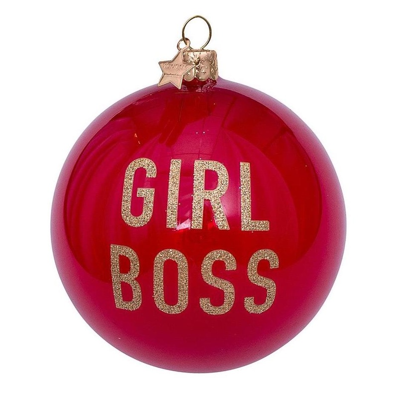 Bauble Glass Red Transparent with Text Girl Boss H8cm