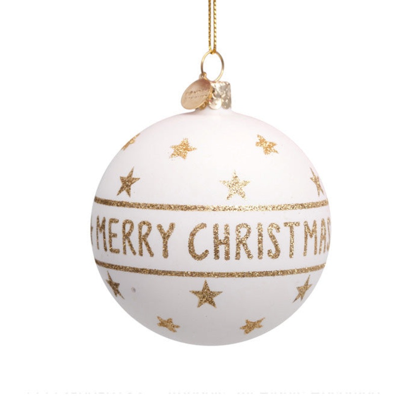 Bauble Glass White with Text Merry Christmas and Stars