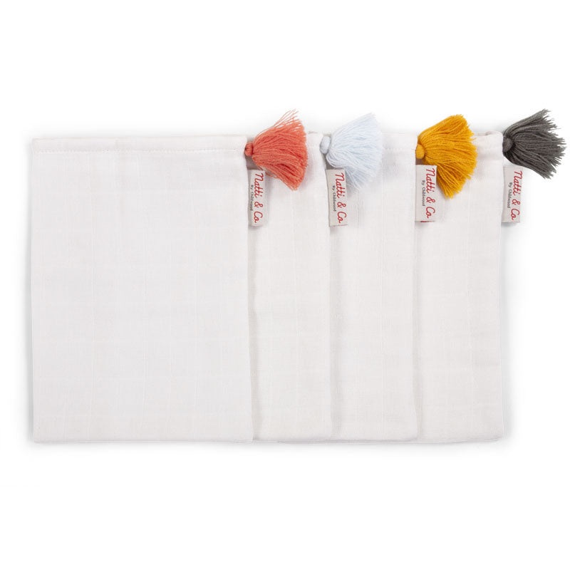 Childhome Face Cloth Tetra Set of 4 White + Tassel