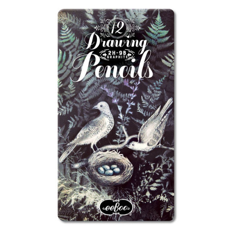 eeBoo Doves in Ferns 12 Drawing Pencils Tin