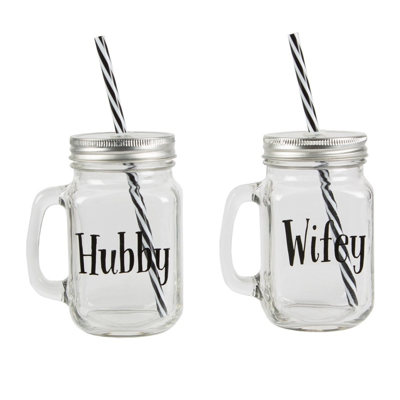 RJB Stone Set of 2 Hubby and Wifey Mason Drinking Jars