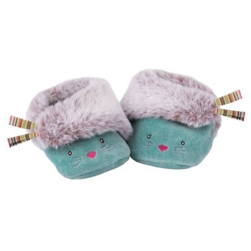 Moulin Roty Les Pachats Blue Baby Slippers with Fur