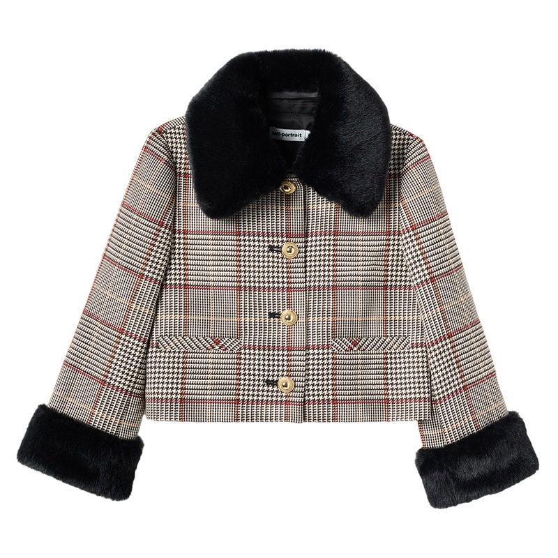 Self Portrait Kids Brown Check Fur Jacket