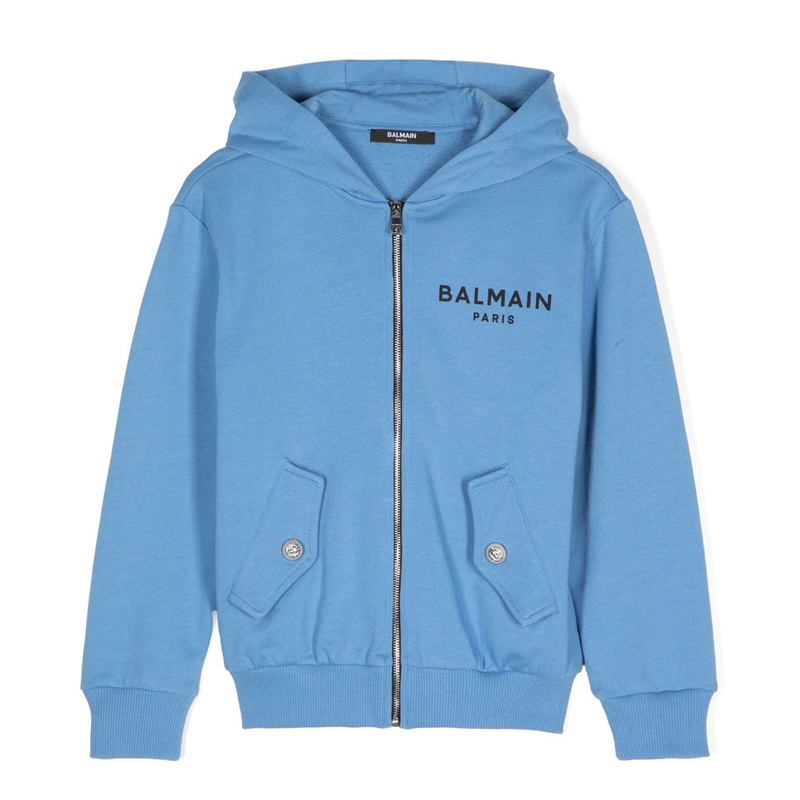 Balmain Kids Logo Print Cotton Zip-Up Hoodie