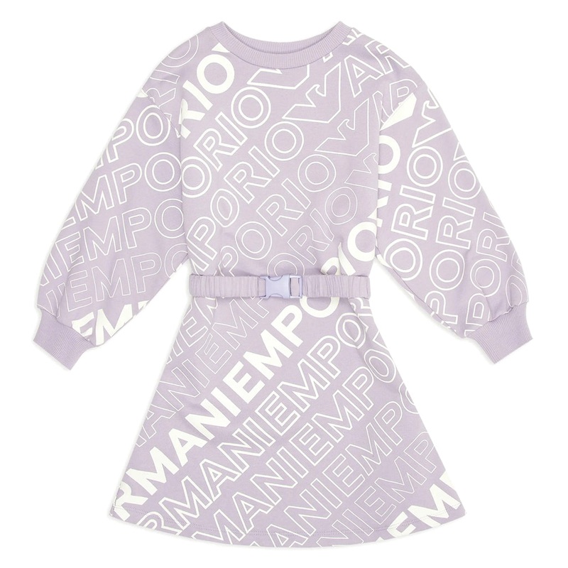 Emporio Armani Junior Ea Crew Jersey-fleece Dress With Belt And All-over Lettering