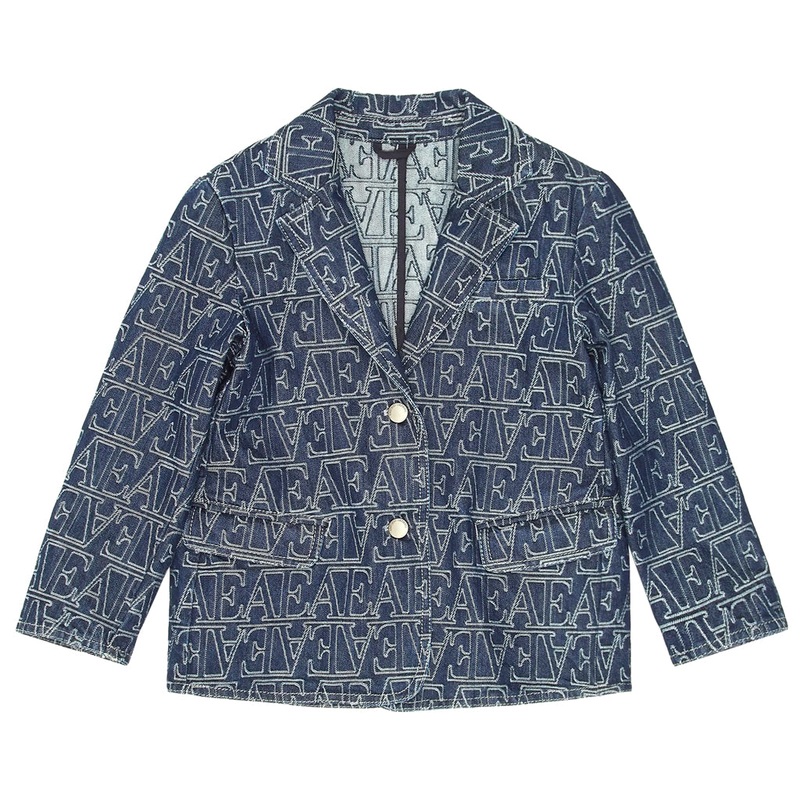 Emporio Armani Junior Single-breasted Jacket In Jacquard Denim With All-over Lettering