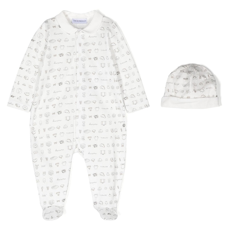 Emporio Armani Junior Tendresse Printed Jersey Onesie And Beanie Gift Set
