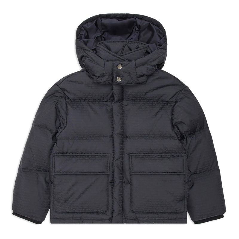 Emporio Armani Junior Asv Nylon Puffer Jacket With Logo Lettering, Hood And Recycled Down