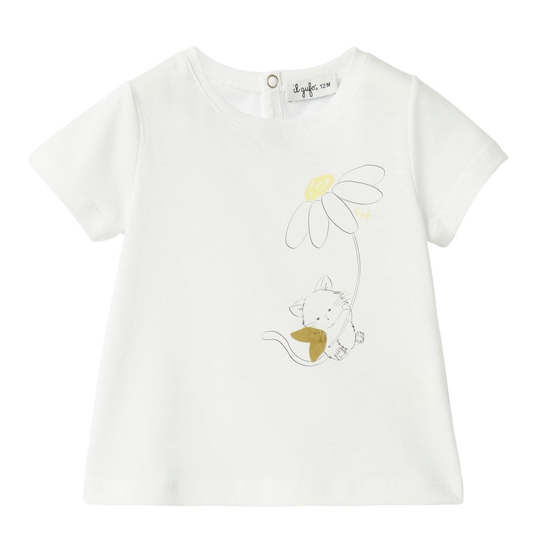 Il Gufo Cat Flower T-shirt|White|12 Months|18 Months|2 Years|3 Years