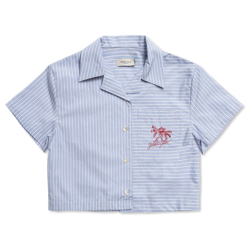 Golden Goose Journey Girls Crop Shirt Stripes Cotton Shirting With Embroidery on Pocket