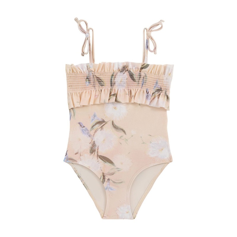 Zimmermann Kids Cream Botanical Floral Cascadian Kids Shirred Swimsuit