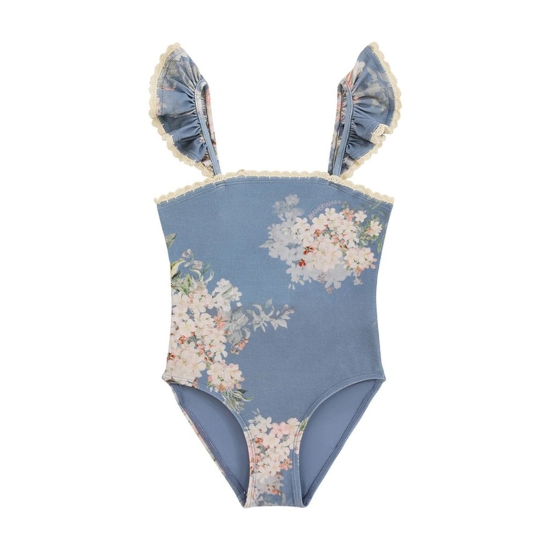 Zimmermann Kids Teal Blue Botanical Floral Cascadian Kids Trim Frill Swimsuit