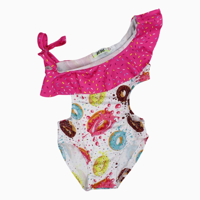 Baby Girls Swimsuit - White with Colorful Donuts Print