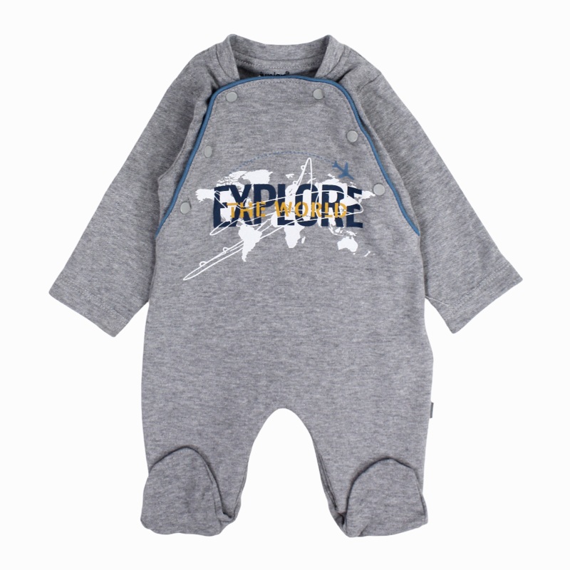 Baby Boys Cotton Baby Footie - Grey with EXPLORE Print