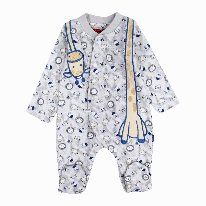 Baby Boys Cotton Baby Footie - Grey with Wild Animals Print