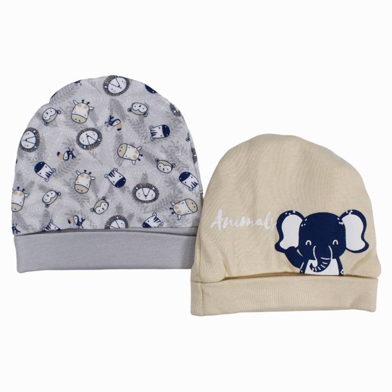 Baby Boys Cotton Beanie  Beige & Grey with Animal Design (2Pcs)