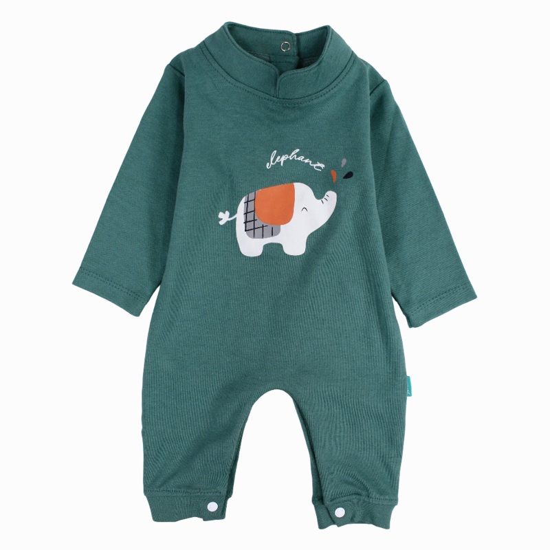 Baby Boys Cotton Footless Onesie - Mint with Elephant Print