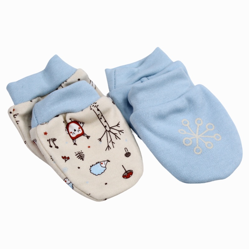 Baby Boys Cotton Hand Mittens - Baby Blue & Beige with Animals Design (2Pcs)