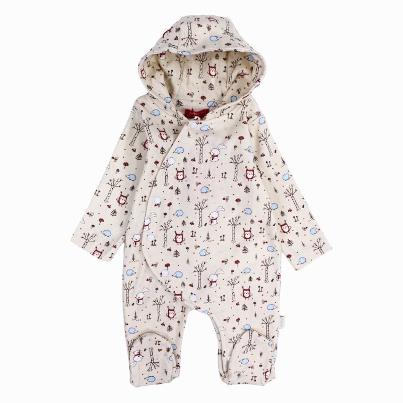Baby Boys Cotton Hooded Baby Footie - Beige with Animals Print