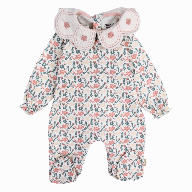Baby Girls Cotton Baby Footie  Beige with Flowers Print