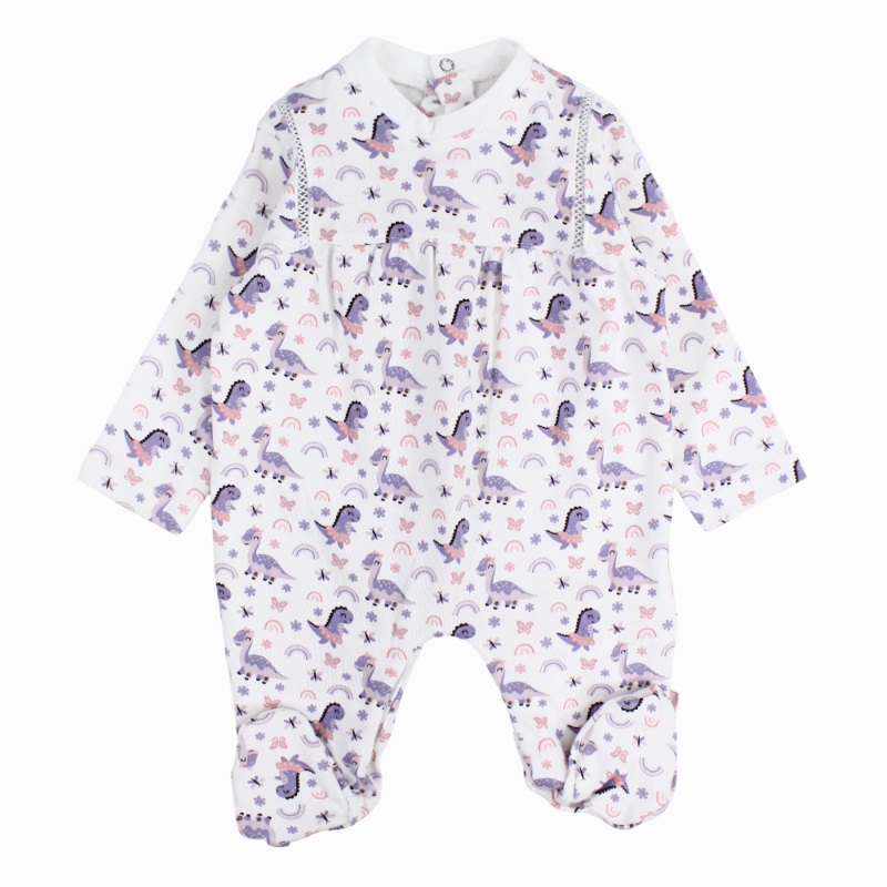 Baby Girls Cotton Baby Footie  Off-White with Dino Print