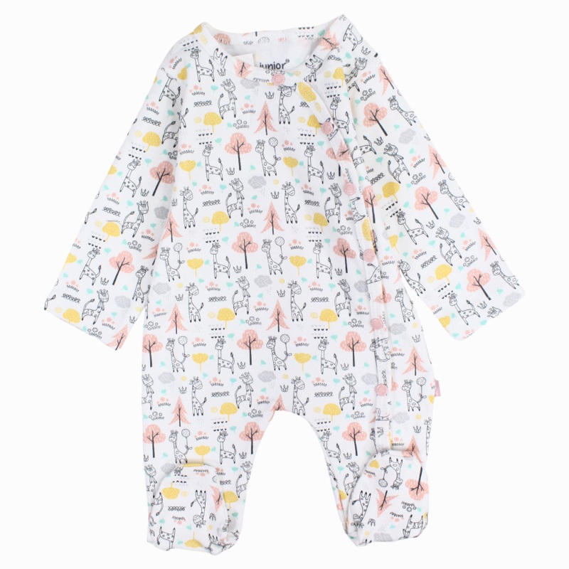 Baby Girls Cotton Baby Footie  Off-White with Giraffe and Trees Print
