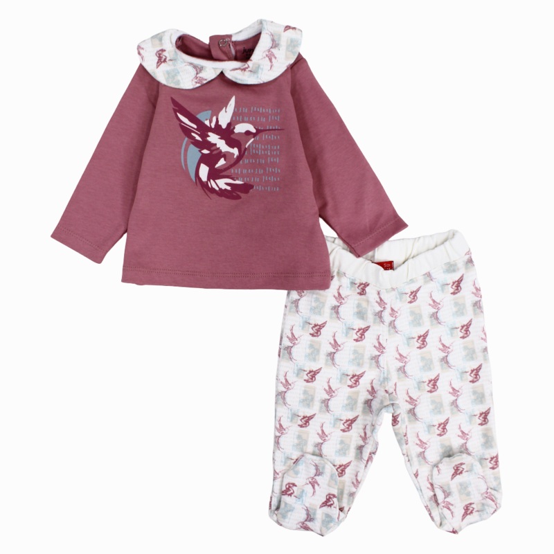 Baby Girls Cotton Pajama Set  Dusty Pink with Birds Print