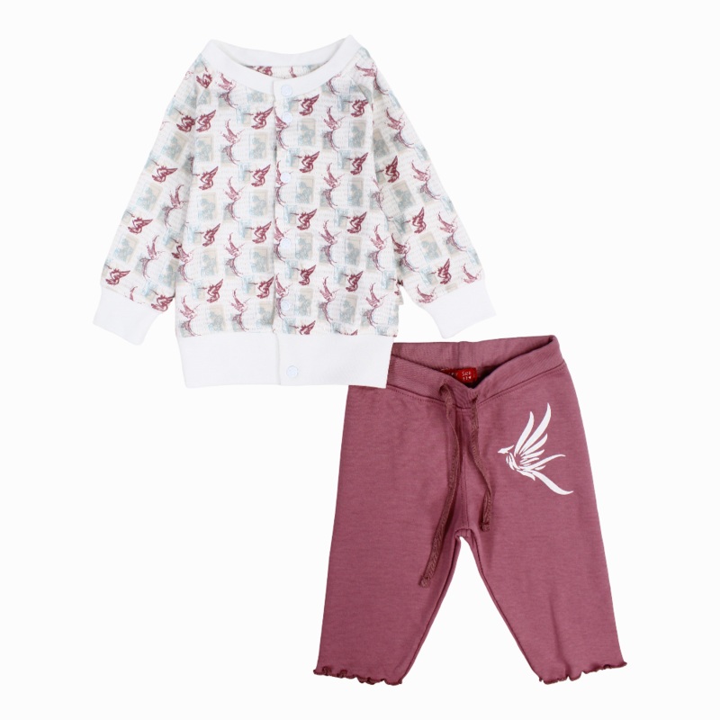 Baby Girls Cotton Pajama Set  Off-White with Birds Print