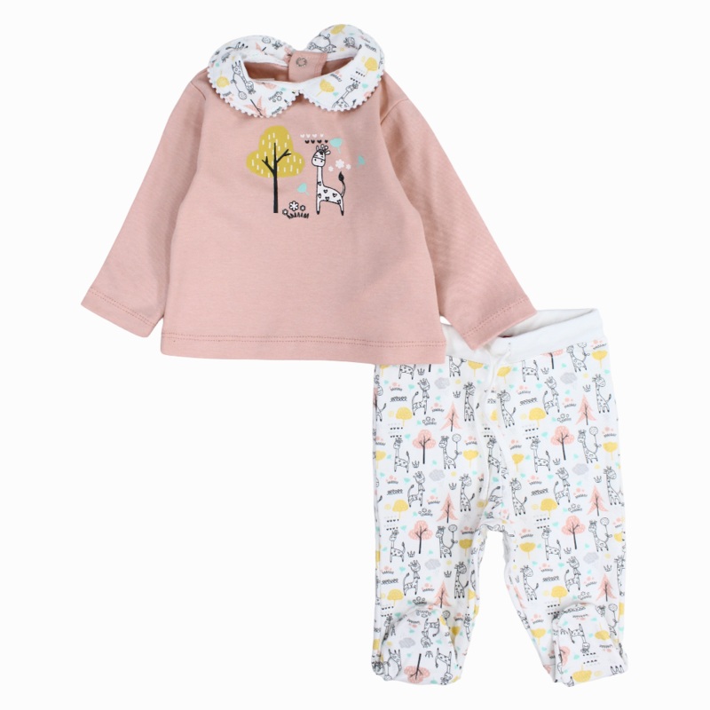 Baby Girls Cotton Pajama Set  Pink with Giraffe and Trees Print