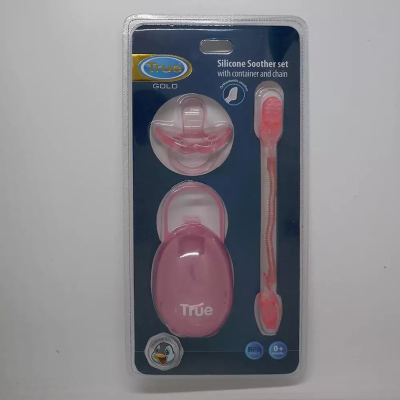 True Gold Silicone Pacifier Set  Pink (Silicone Soother, Chain & Case)