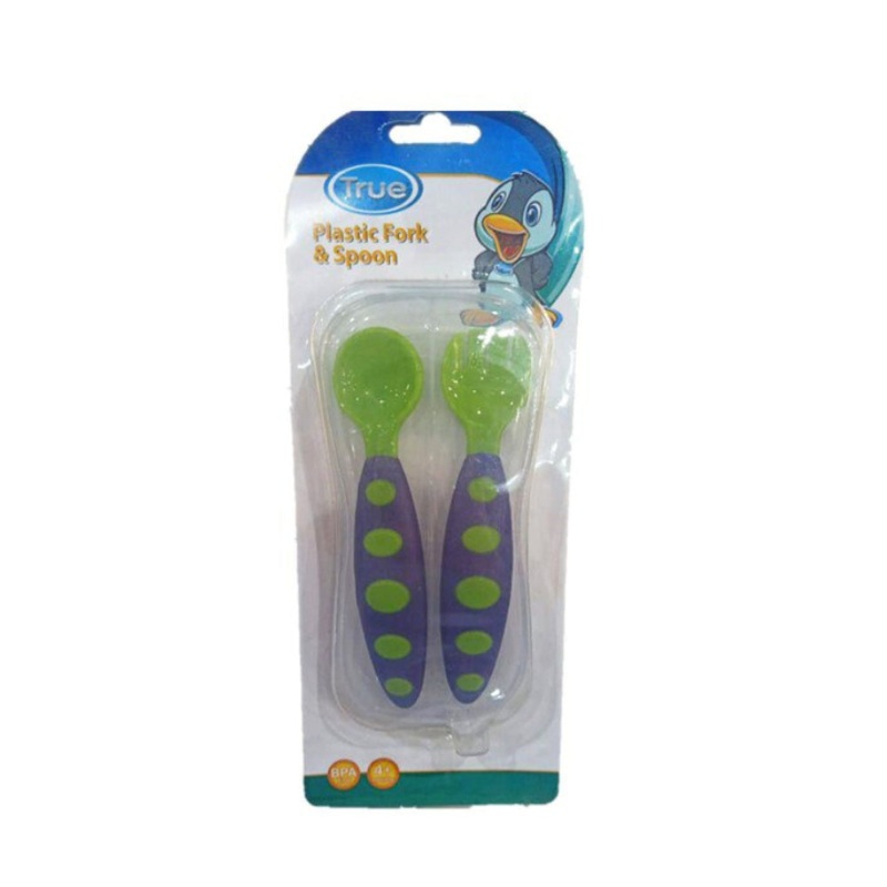 True Plastic Fork and Spoon Set in a Box  Green & Purple