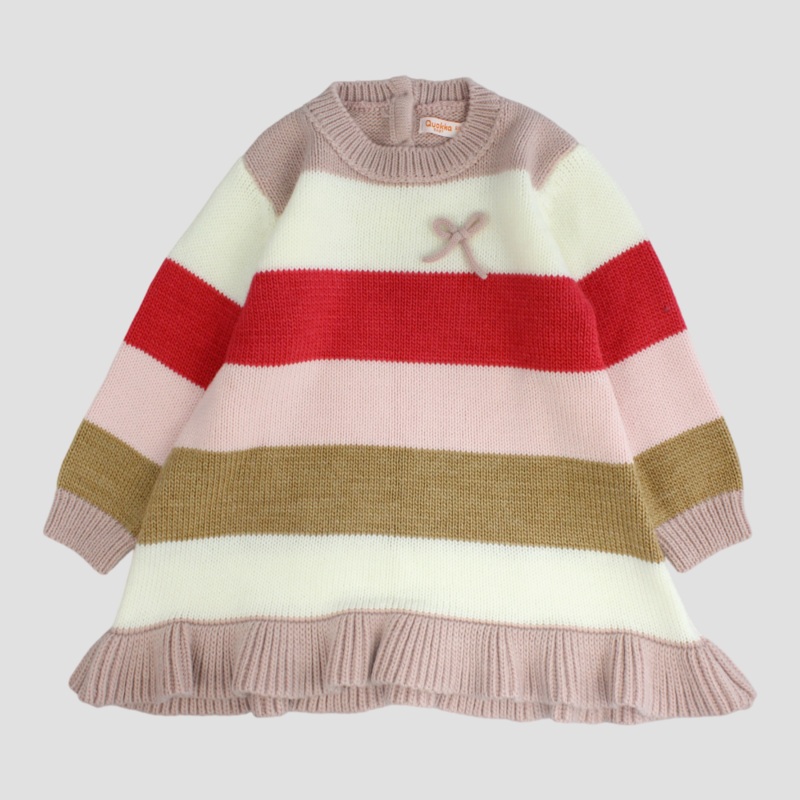 Striped Long-Sleeved Dress|Dustypink|9-12M