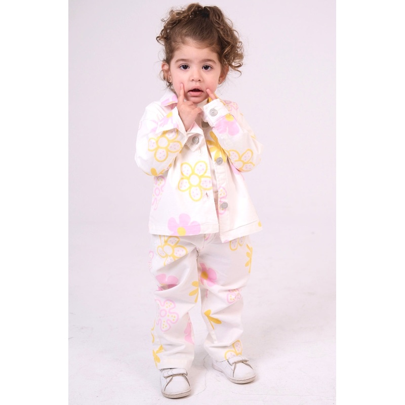 Baby Girls Gabardine Pants  Offwhite with Flowers