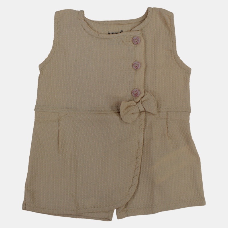 Baby Girls' Sleeveless Cotton Romper  Beige with Bow