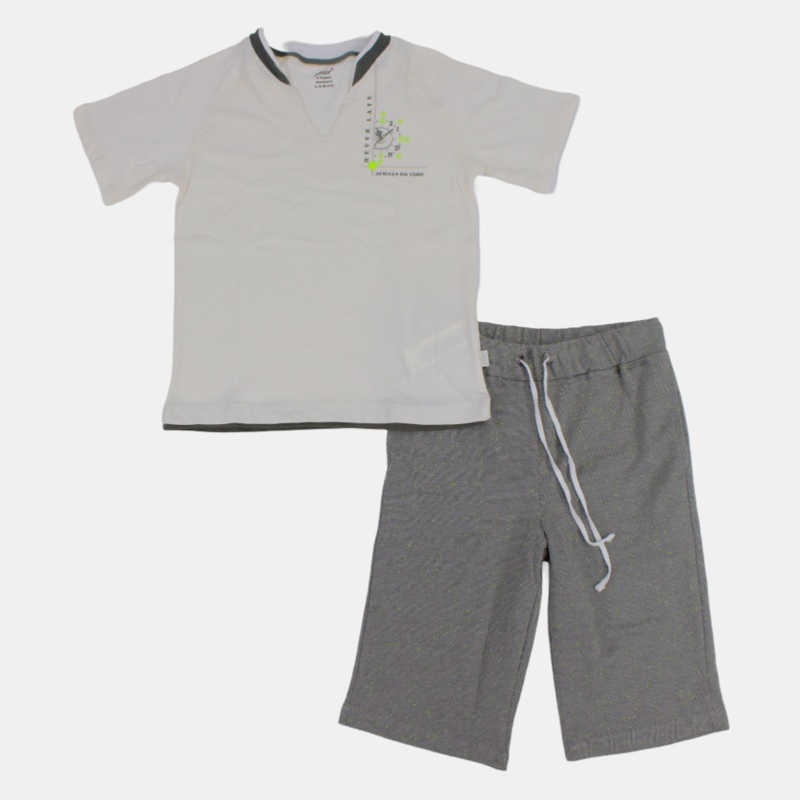 Boys Short-Sleeved Cotton Pajama Set  (Off-White/Grey)