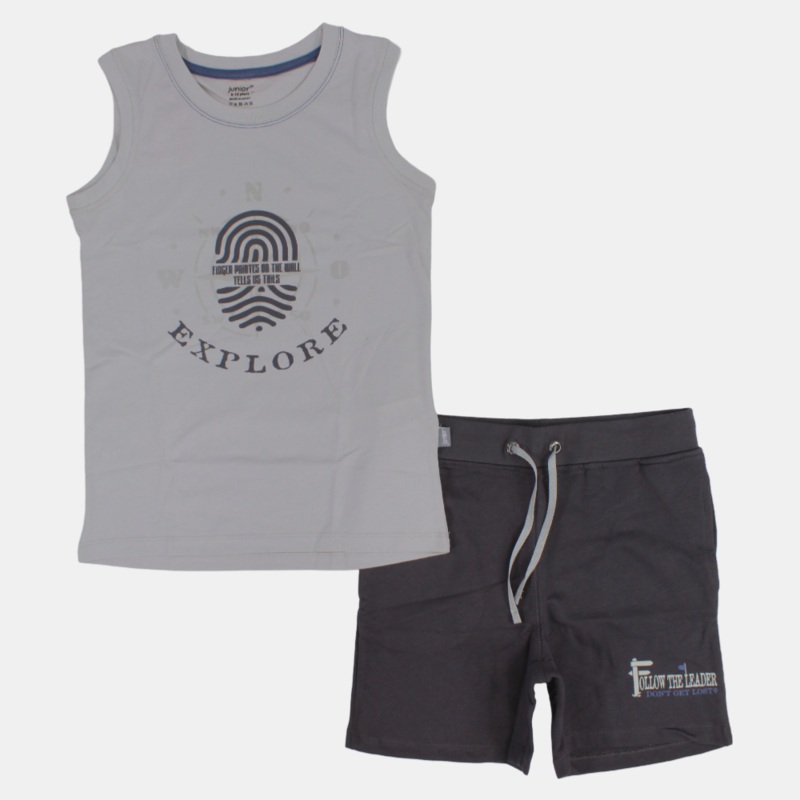 Boys Sleeveless Cotton Pajama Set  Grey (Explore Theme)