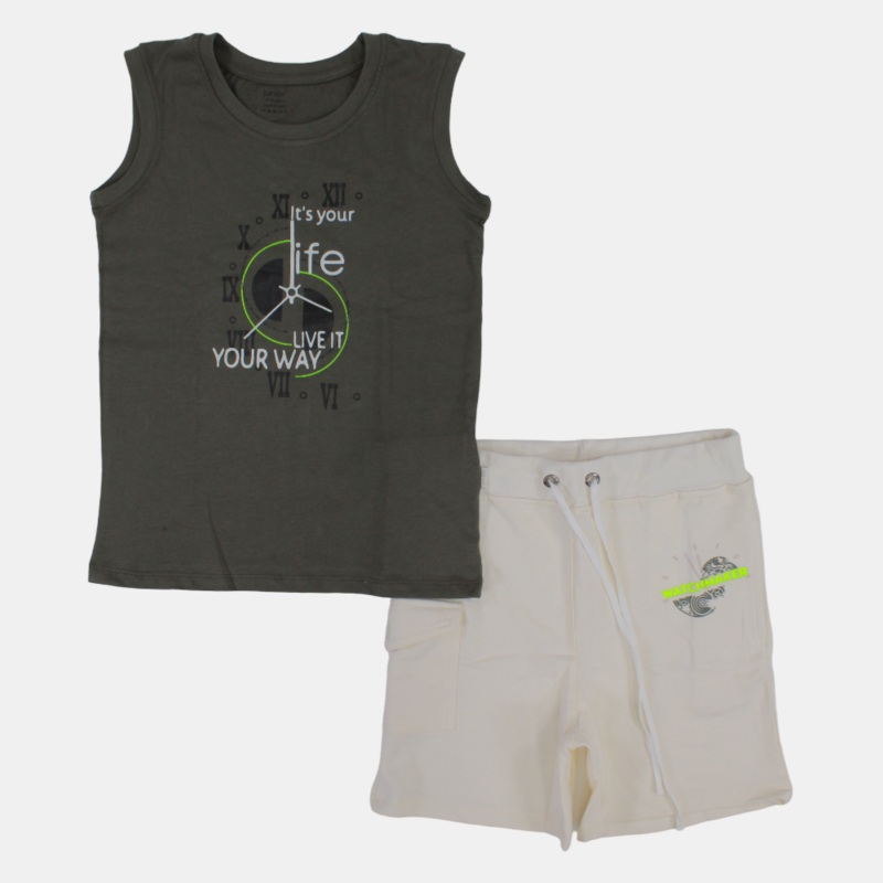 Boys Sleeveless Cotton Pajama Set  Olive Green (Clock Theme)