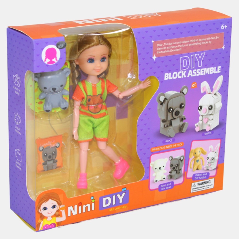 Nini Doll with Construction Toy  DIY Playset with a Little Dog & Rabbit