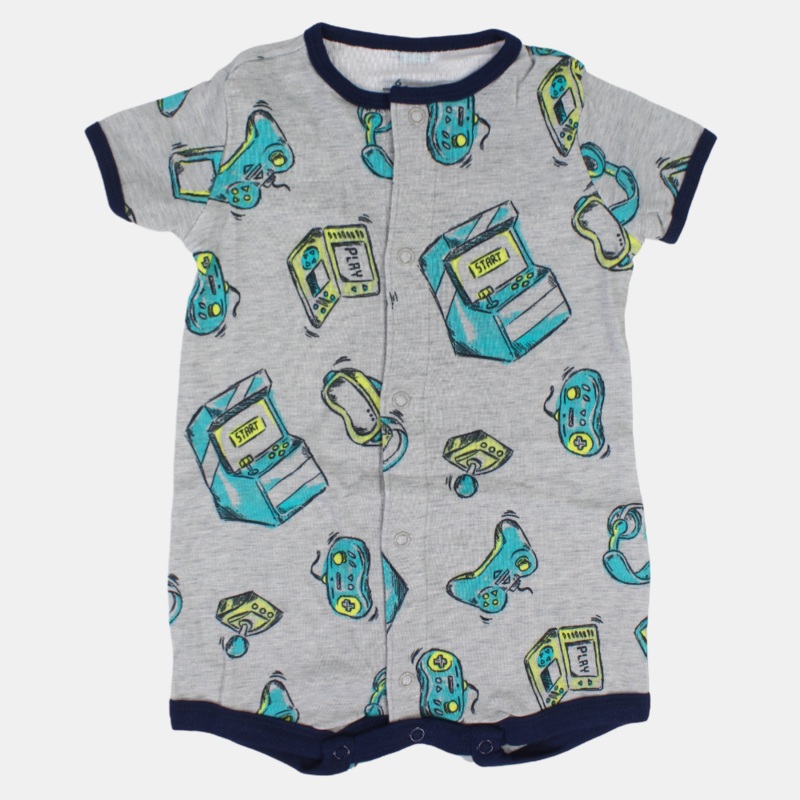Baby Boys Cotton Romper  White with Video Games Print