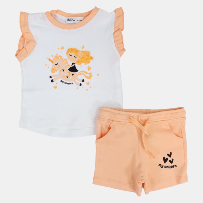 Baby Girls Cotton Pajama Set  Off-White/Salmon with My Unicorn Print