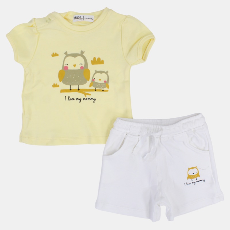 Baby Girls Cotton Pajama Set  Yellow with Owls & I Love My Mommy Print