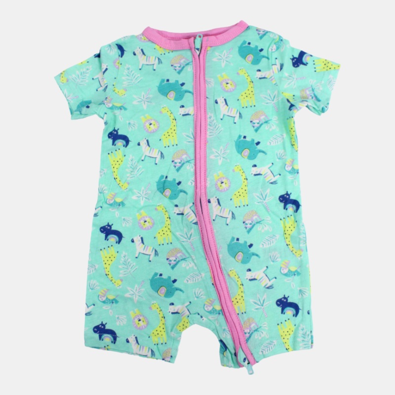 Baby Girls Cotton Romper  Aqua with Animals Print