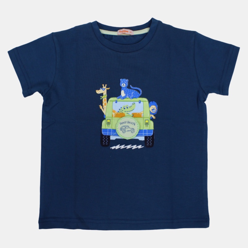 Boys Short-Sleeved Cotton T-Shirt with Safari Animals Print