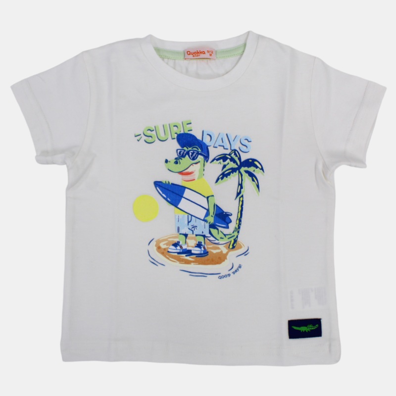 Boys Short-Sleeved Cotton T-Shirt with Surfing Crocodile Print