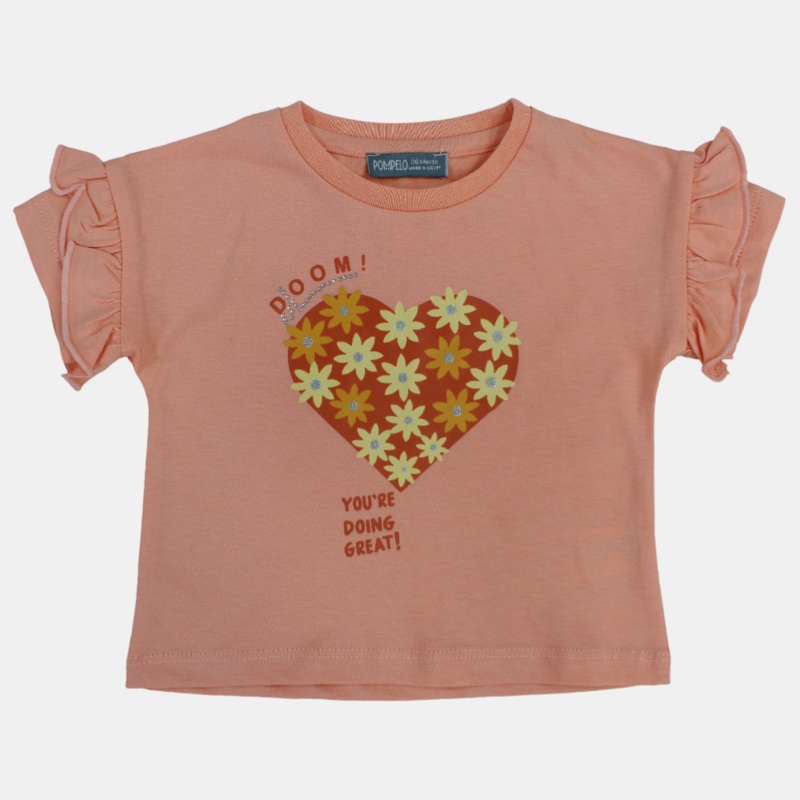 Baby Girls Cotton T-Shirt - Salmon with Ruffled Shoulders