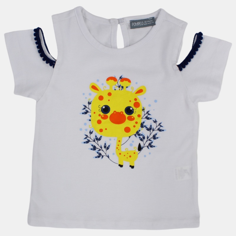 Baby Girls Cotton T-Shirt - White with Cute Giraffe Design